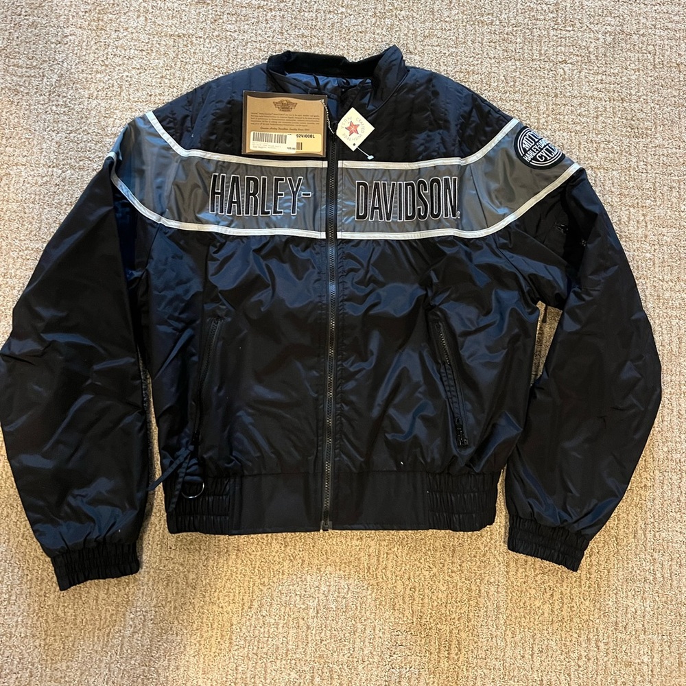 New With Tags Harley Davidson Black Gray Stripe Nylon Motorcycle Jacket Large